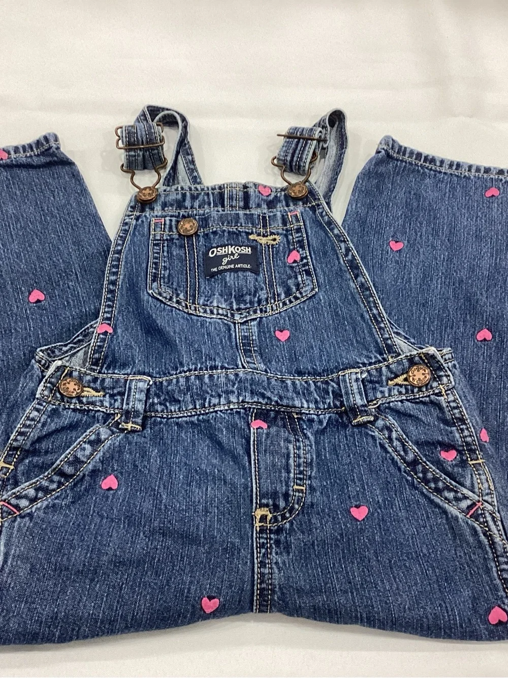 OshKosh B'gosh Blue Denim Overalls with Pink Heart Accents